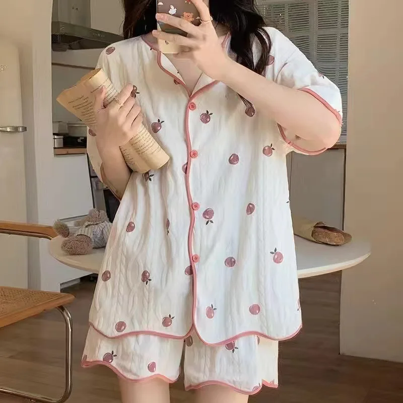 2023 New Thin Pajamas for Women's Summer Cardigan Light Purple Love Short-sleeved Shorts Home Service Suit Breathable Loungewear