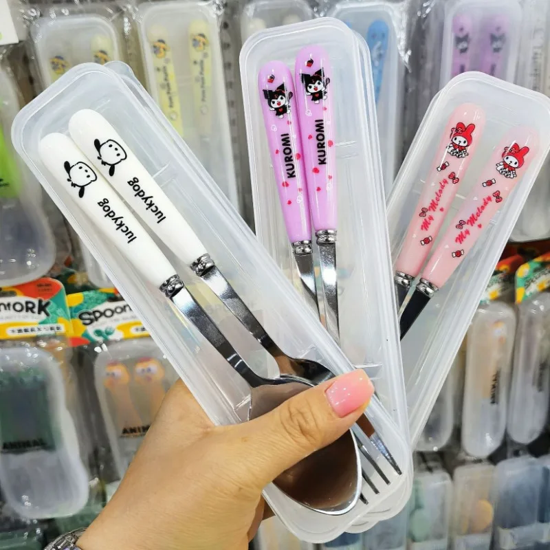 Sanrio Cinnamoroll My MelodyTravel Portable Cutlery Set Fork Spoon Kuromi Hello Kitty Student Dinnerware Sets Kitchen Tableware