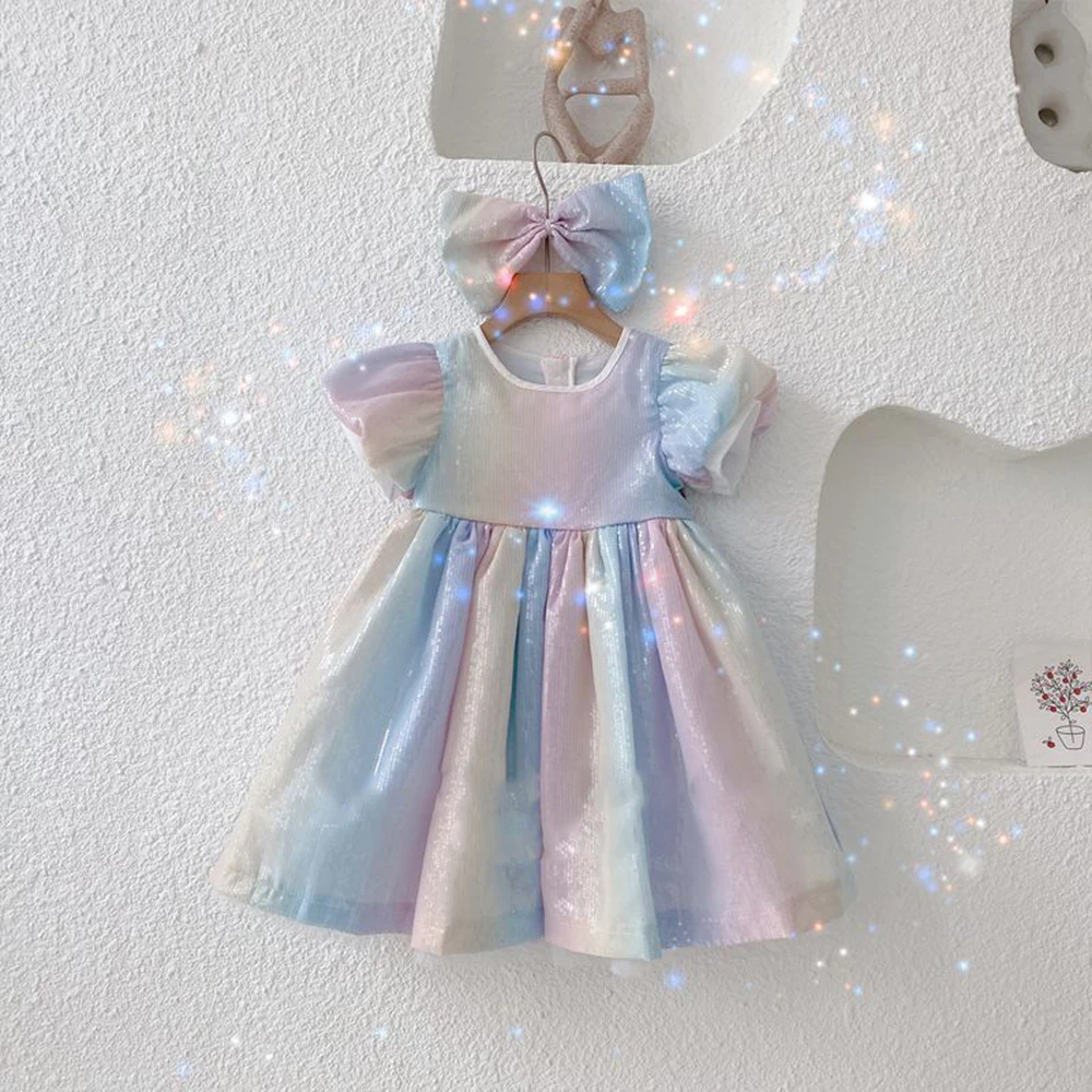 

Bear Leader Fashion Rainbow Sequins Girl Dress Birthday Party Wedding Girl Dresses Kids Clothes Summer Ball Gown Dress Vestidos