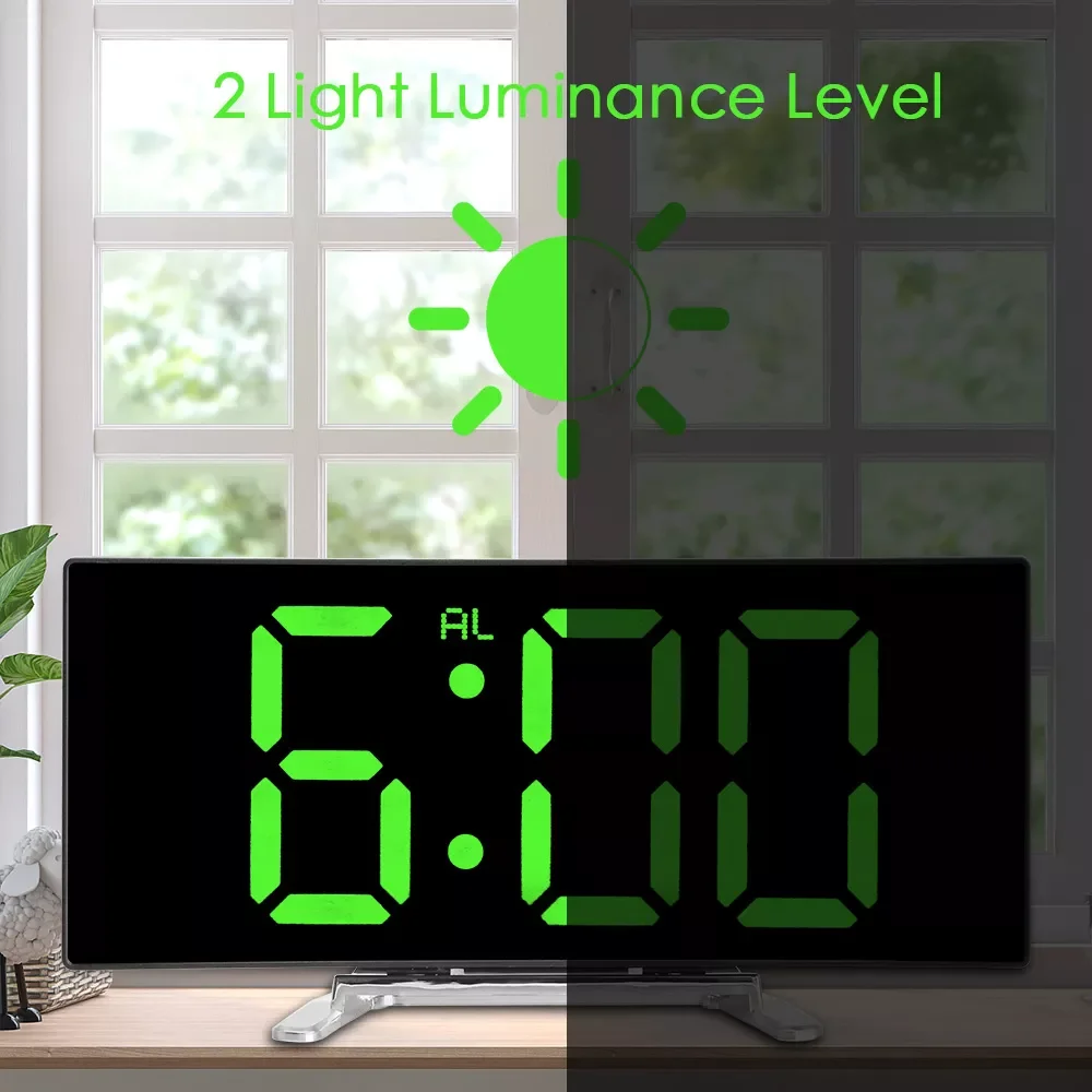 

New Digital Table Clock Electronic 7 Inch Number Desktop Alarm Clocks For Kids Bedroom LED Screen Curved Dimmable Mirror