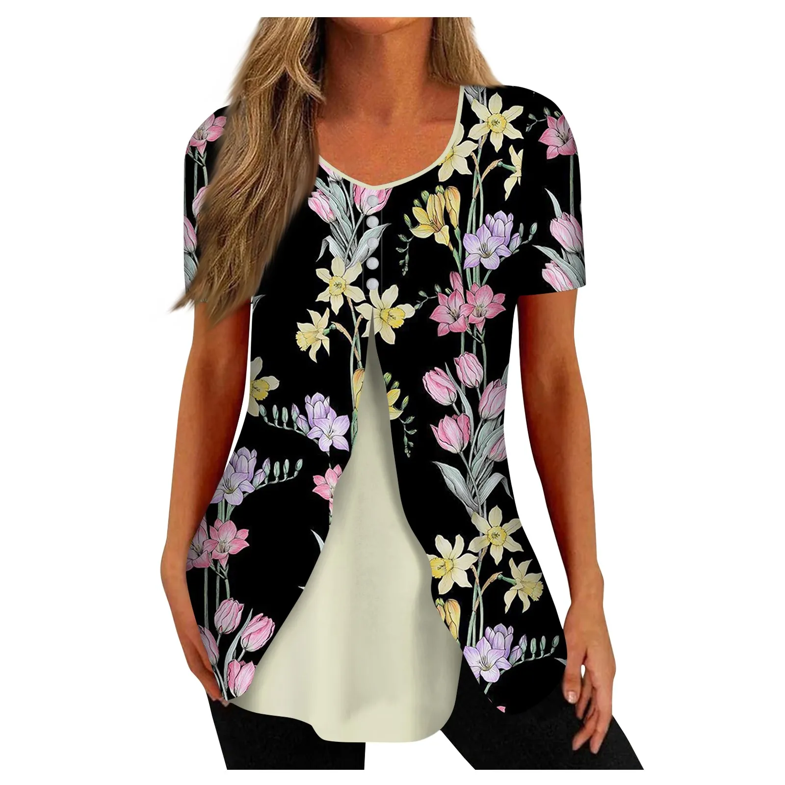 

Ladies Summer Fashion Floral Print Top Button Button Fake Two Piece Hem T-Shirt New Minimalist Design Fashion Woman 2023