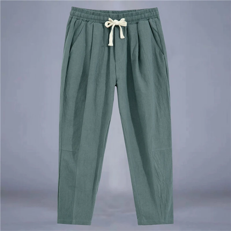 Summer Cotton Cropped Pants Men's Loose Straight Casual Thin Linen Wide Leg Youth Plus size Harem