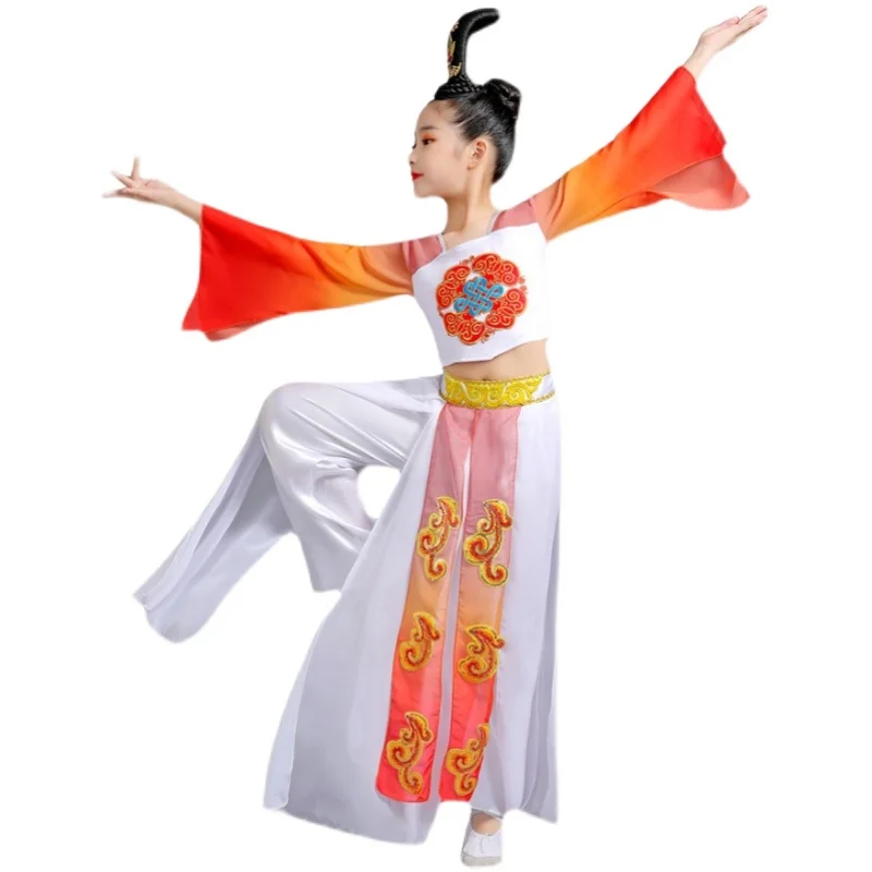 Китайский народный танцевальный костюм "Fairy Folk Dress" для девочек, включая веер янко и квадратный зонтик для выступления.