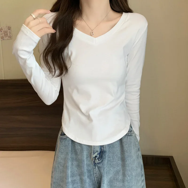 Женская футболка из чистого хлопка с v-образным вырезом и длинными рукавами новый