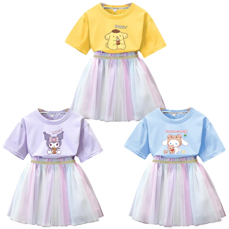 

Летняя футболка для девочек с принтом из аниме Cinnamoroll Kuromi Purin Dog, Сетчатое платье принцессы, милое Сетчатое платье с коротким рукавом