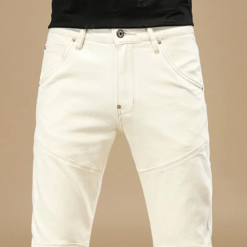 Summer Jeans Men Lightweight Beige Slim Fit Pencil Pants Fashion Korean Style Casual Denim Trousers