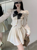 fashion casual two piece set women puff sleeve bow shirt blouse mini skirts sets korean elegant sexy outfits for woman