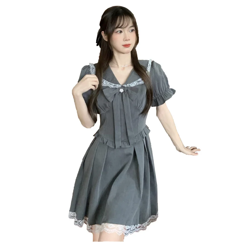 

New Japanese Style Grey Sailor Dress for Women Short/Long Sleeve Lace Navy Collar Bowtie School Uniform