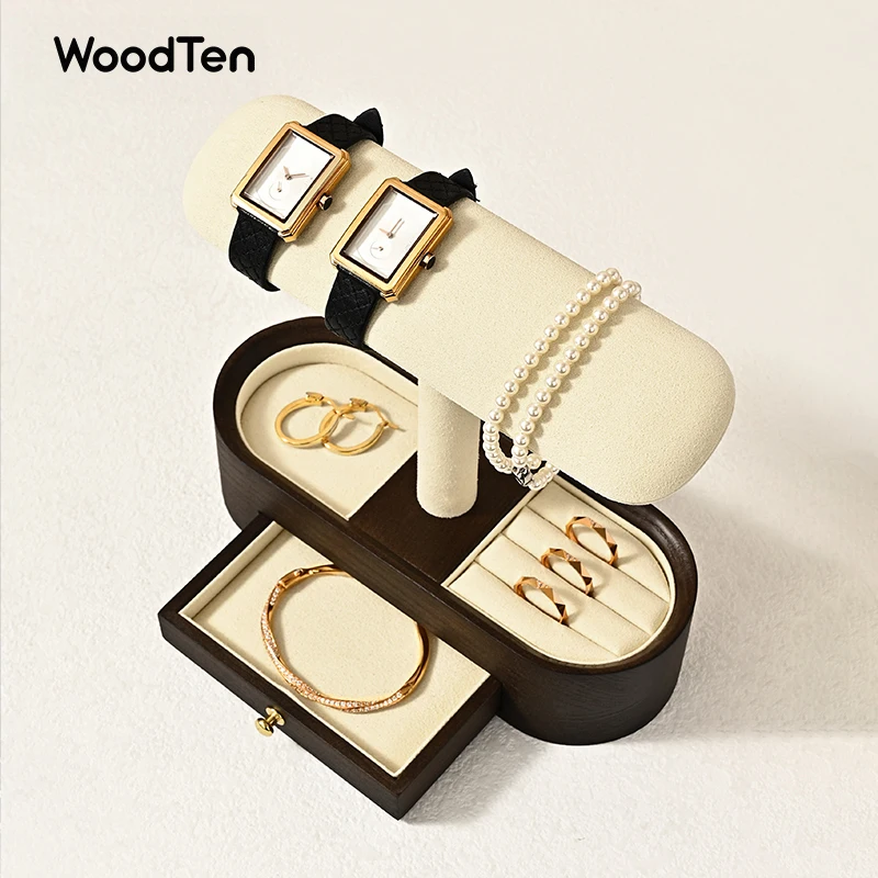 Фото WoodTen подставка для часов из цельного дерева с выдвижными ящиками, двухслойная подставка для часов, ожерелья, браслета, органайзера, стойка для ювелирных изделий, браслета №3