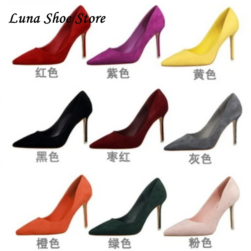 

Suede Shoes Women Heels Slip on Black High Heels Pumps Sexy Pointed Toe Stilettos Ladies Wedding Party Shoes Plus Size 43 LN81