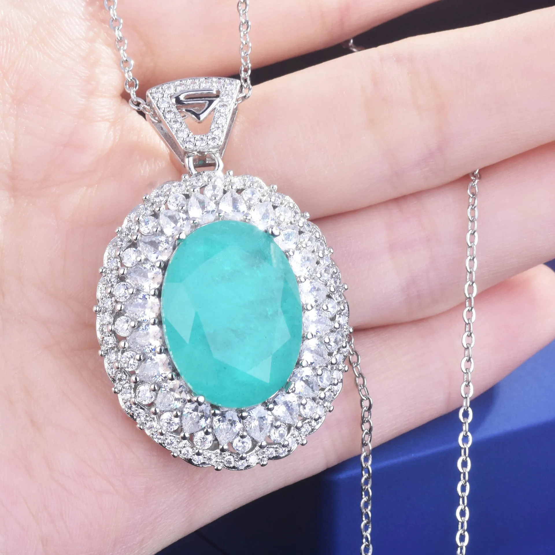 

Luxury 925 Sterling Silver Oval 20*30 MM Paraiba Tourmaline Simulated Diamond Gemstone Luxury Pendant Necklace Fine Jewelry
