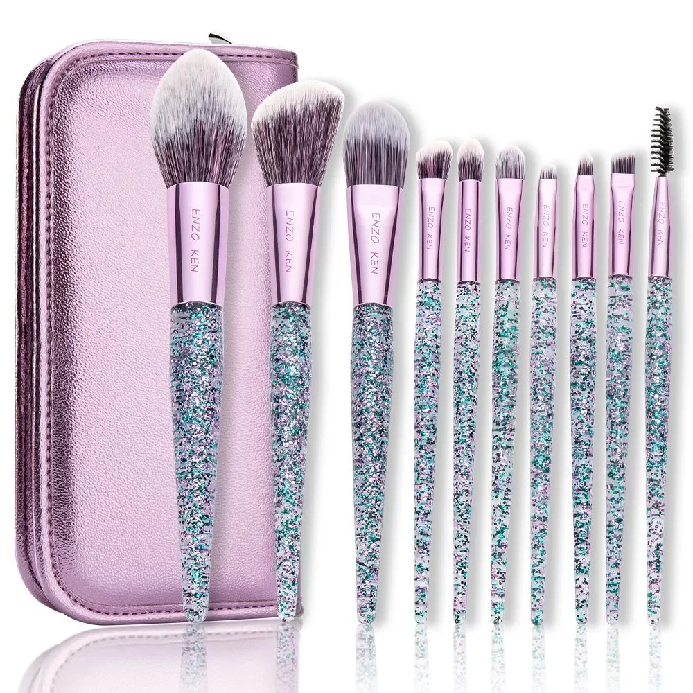 

NEW2023 Sparkle Bedazzled Glitter Makeup Brush Set Purple by ENZO KEN, Bling Cute Crystal Brushes Sets with Portable Travel Bag