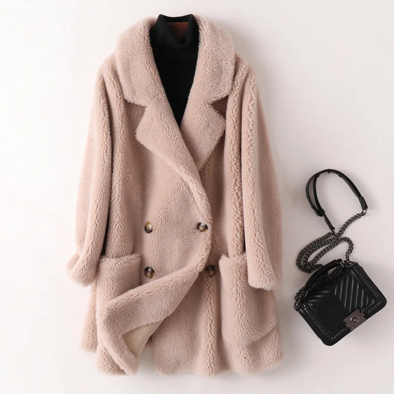 Women High Quality Real Wool Fur Coats Female Long Fur Coat Loose Lapel Overcoat Ladies Thick Warm Plush Thickened Coats G84