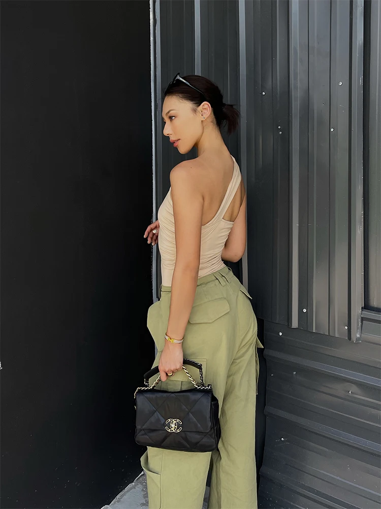 VanessaLab Summer Neck Hanging Single Shoulder Pleated Elastic Nude Color Backless Niche Design Vest Base camisole tank