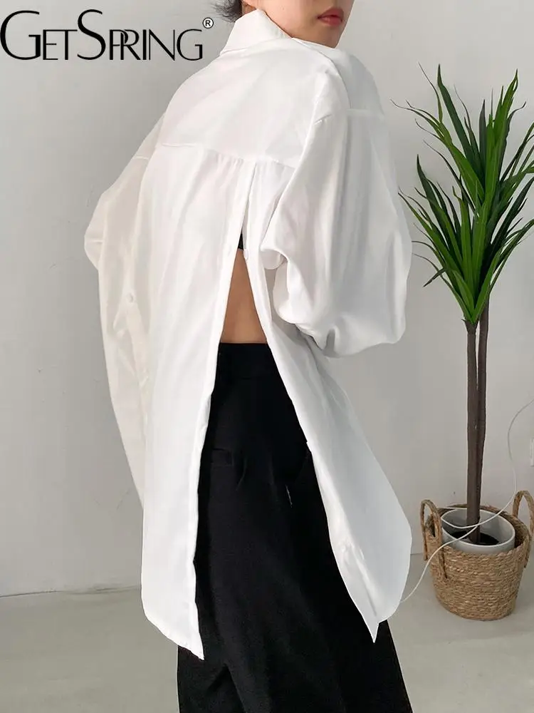 

GetSpring Women Shirt Fashion Simple Full Sleeve Back Split White Blouse Loose Casual Long Female Tops 2022 Autumn New Arrival