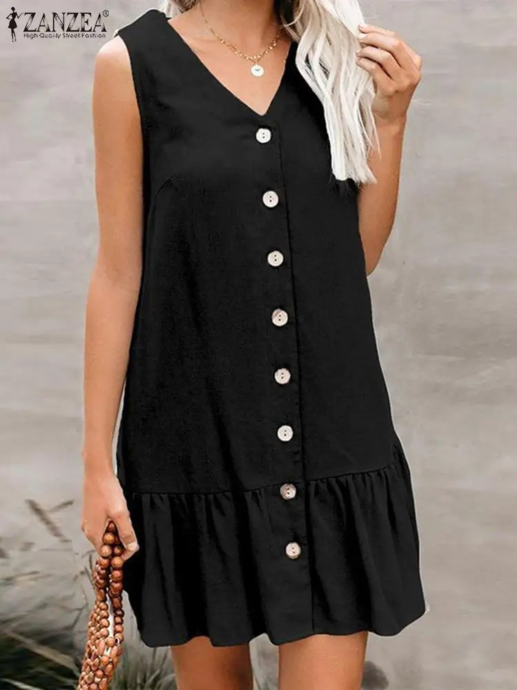 

Женский летний сарафан ZANZEA в богемном стиле с V-образным вырезом, без рукавов, однотонное платье с оборками, модное пляжное праздничное плат...