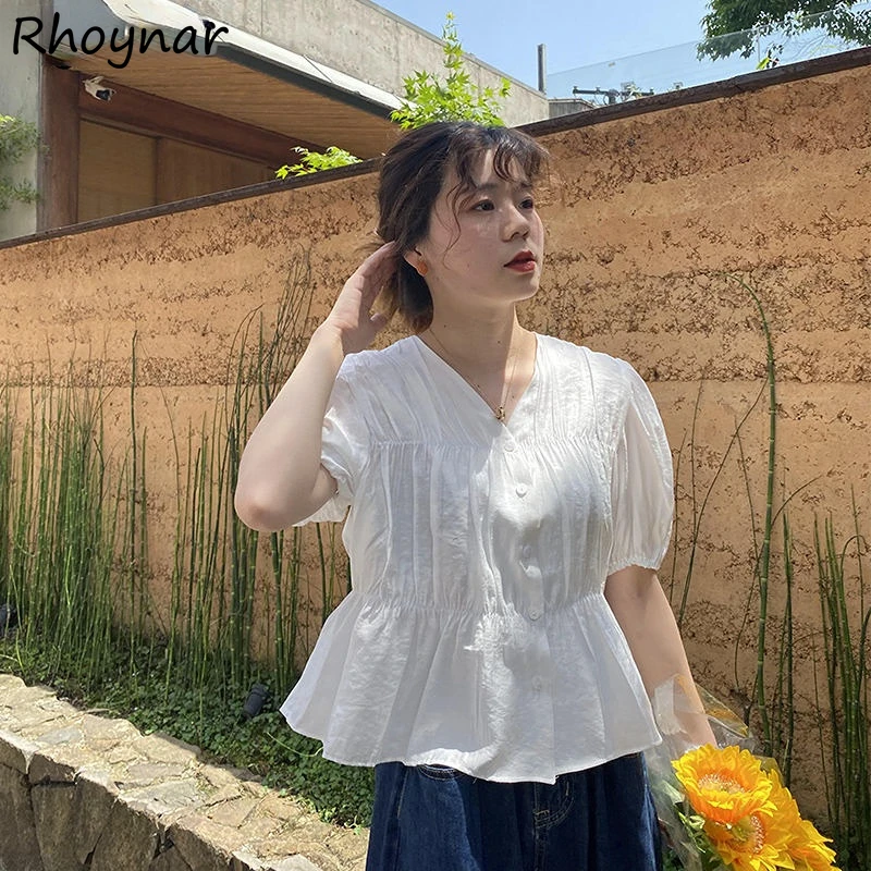 

Shirts Women Retro Slim Solid Puff Sleeve Chemise Femme Simple All-match Elegant Summer Trendy Popular Casual Daily Prairie Chic