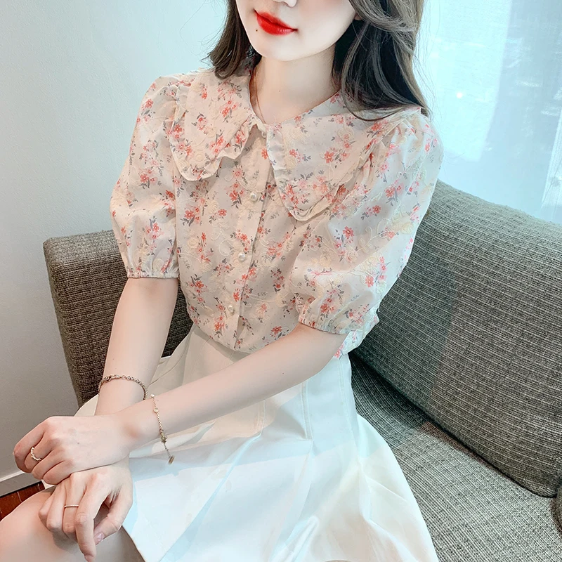 

Chiffon Women's Shirt Summer 2023 New Prints Blouses Slim Casual Short Sleeve Top Turn-down Collar Ladies Clothing YCMYUNYAN