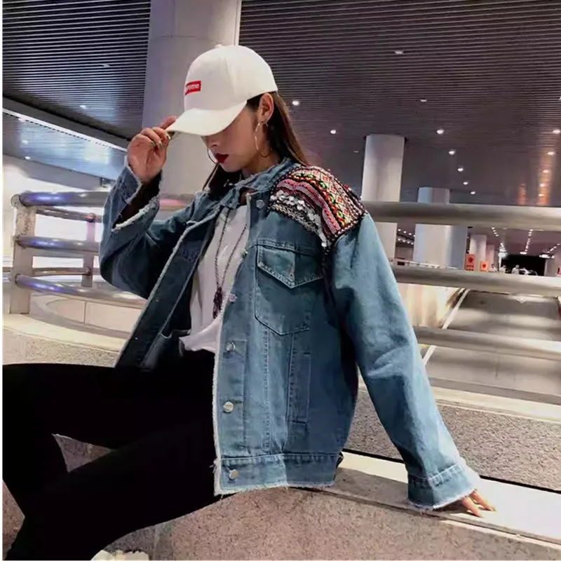 Женская джинсовая куртка в стиле бохо винтажное пальто с цветочной аппликацией и