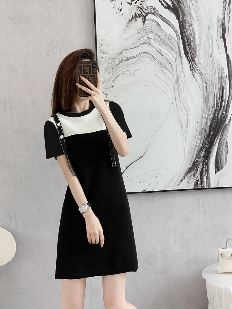 

Slim Mini Shirt Dress Short Sleeve Outfit Ice Silk Knitted Dress Fake Two Piece Women Fashion Office Ladies 2022 Spring Summer