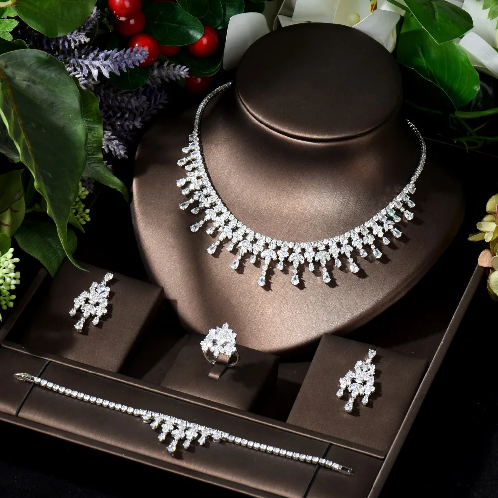 HIBRIDE тренд капли воды дизайн ожерелье серьги набор для женщин элегантные роскошные женские ювелирные изделия с Высокое качество bijoux N-274