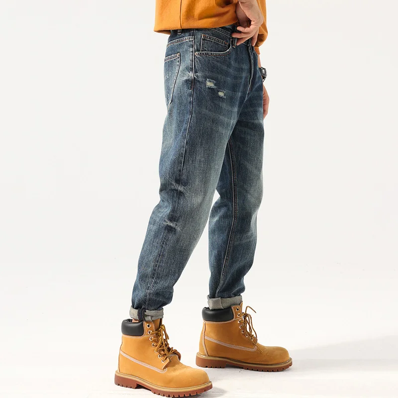 

Высококачественные осенние джинсовые брюки мужские винтажные в стиле сафари рельефные американские повседневные Папины