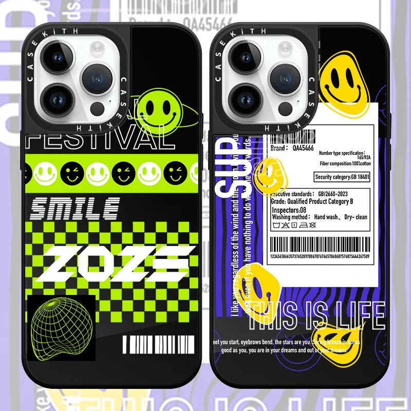 

Ins Smile Logistics Label Mirror Phone Case For iPhone 11 12 13 14 Pro Max High Quality Funda 12Pro Cover Soft Shockproof Coque
