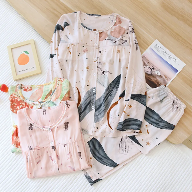 

Spring Summer Thin Pajama Set Women O-Neck Loose Home Clothes Fashion Print Sleepwear With Bra Female Long Sleeve Trousers Suit