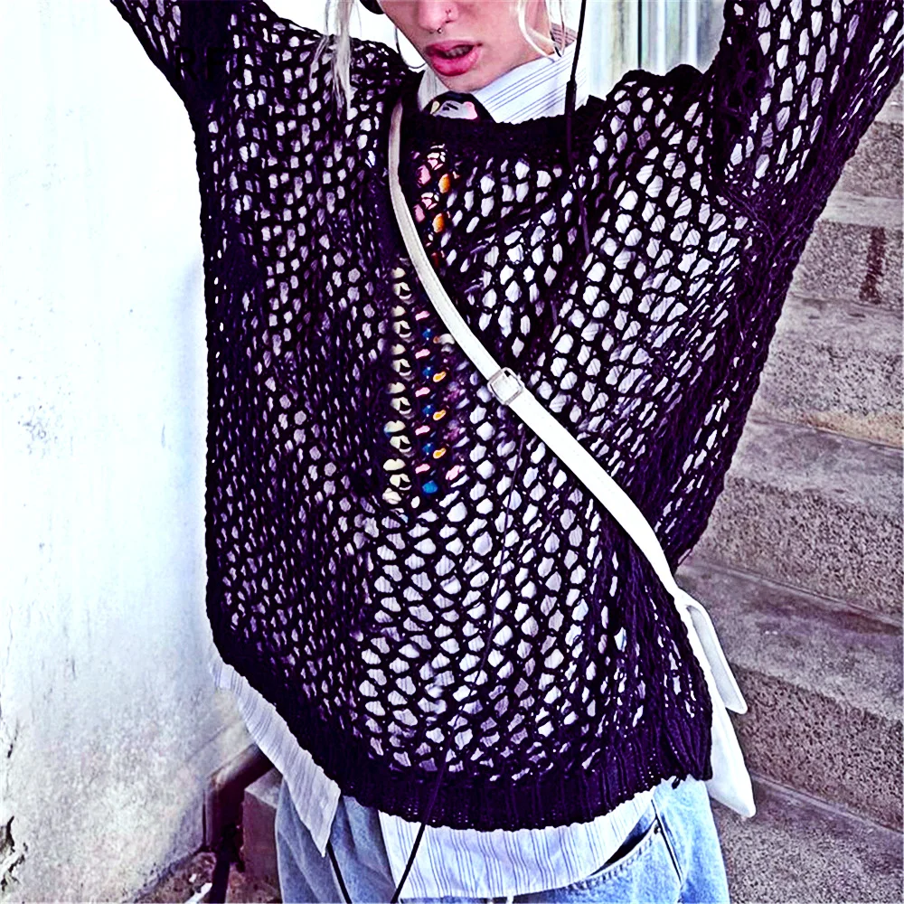 

Mesh Cover Perspective Fishnet Garbage Street Cut T-shirt Female Korean Pullover Knit Blouse Top