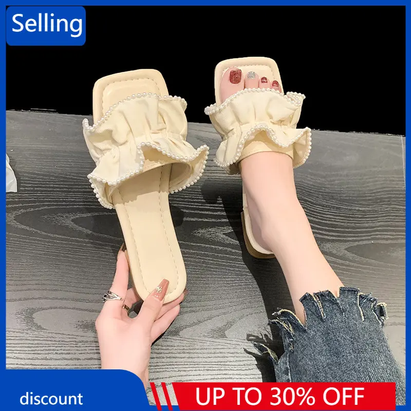 

Удобные большие шлепанцы для женщин, Новинка лета 2023, модная плиссированная Женская обувь в сказочном стиле с открытым носком и квадратным ...