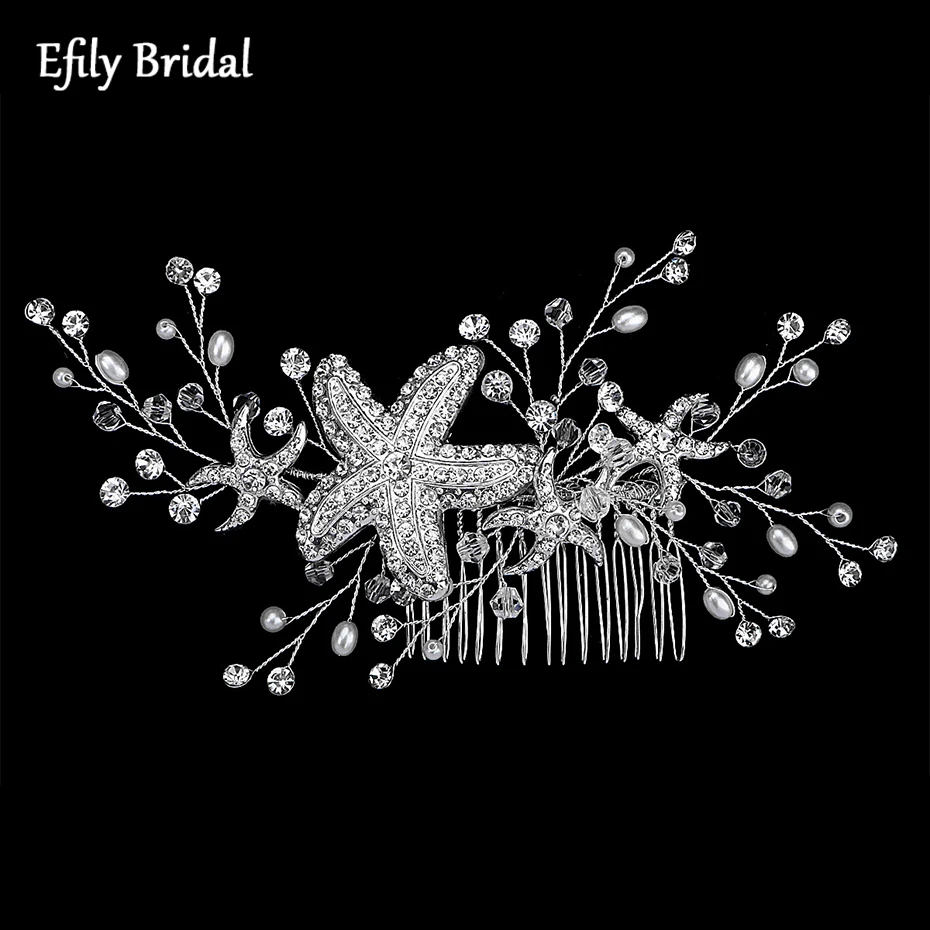 

Efily Wedding Hair Accessories Rhinestone Pearl Crystal Starfish Hair Comb Bridal Headpiece Jewelry Women Tiara Bridesamaid Gift