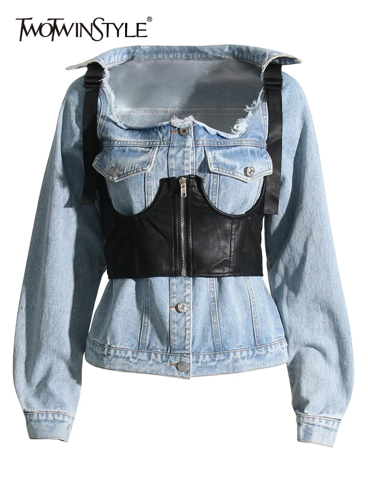 

TWOTWINSTYLE Loose Two Piece Sets For Women Pullover PU Leather Tank Tosp Square Collar Long Sleeve Denim Coats Solid Set Female