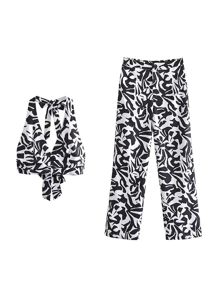 Женский костюм из топа с лямкой на шее и широких брюк высокой талией комплекты