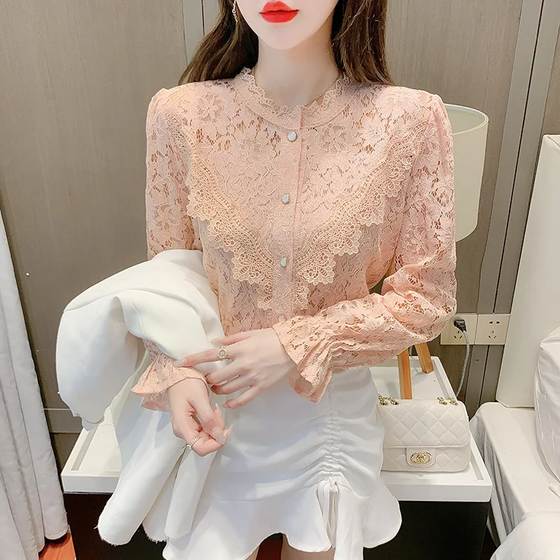 Women Tops Long Sleeve Blouse Blusas Mujer De Moda Verano Elegantes Shirts Spring and Summer Lace Ruffles Korean Version