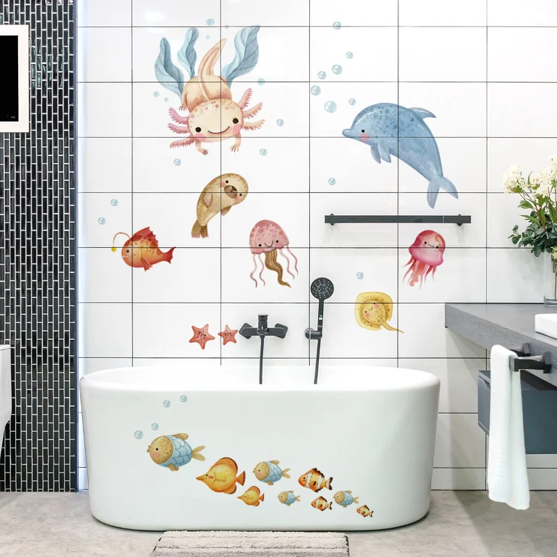 

Blue Sea Fish Bubble Wall Sticker，Home Decoration Murals Underwater Animals， Cartoon Dolphin Sea Lion for Kids Rooms Bathroom