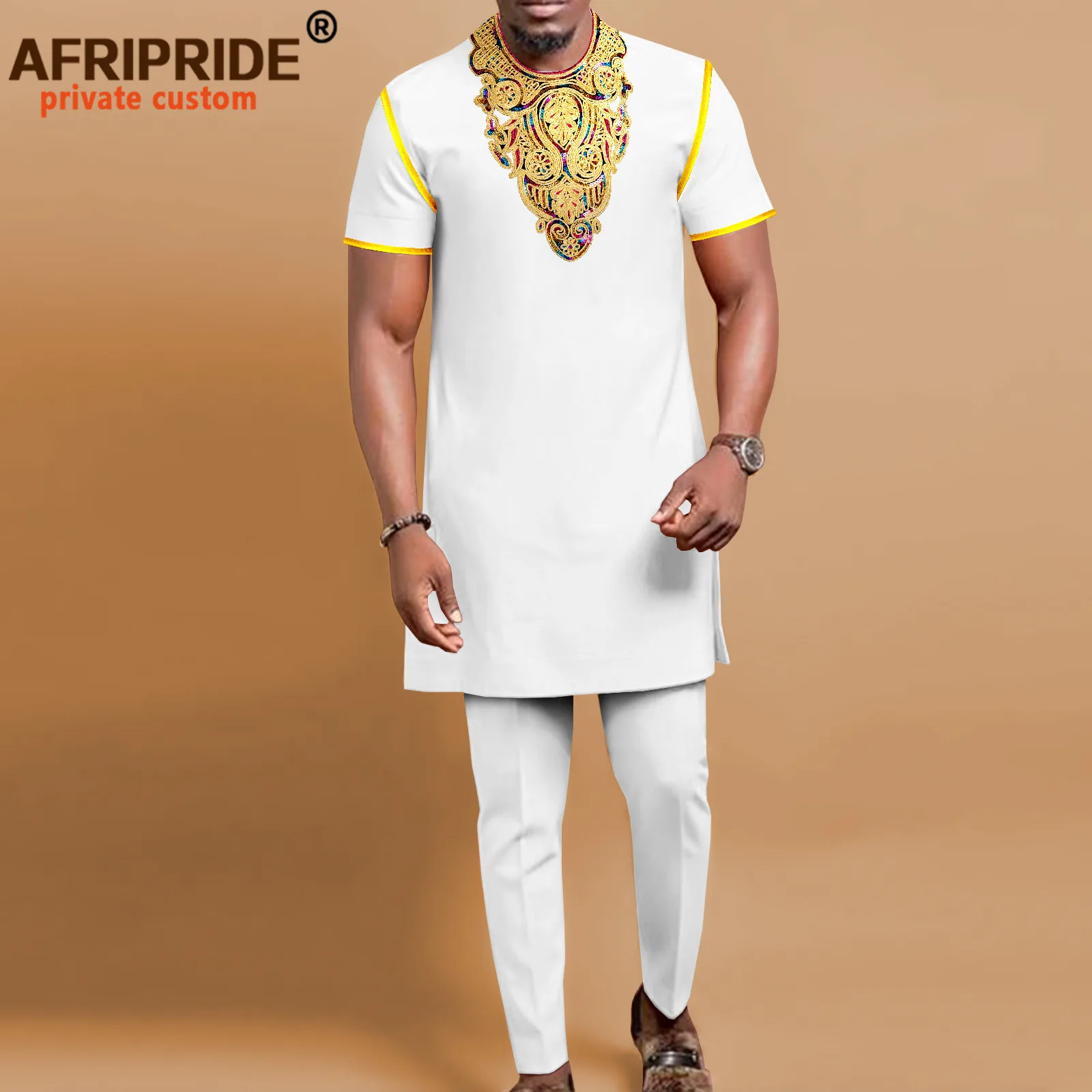 African Suits for Men Chains Embroidery Short Sleeve Shirts and Pants 2 Piece Set Dashiki Kaftan for Wedding Evening A2216099