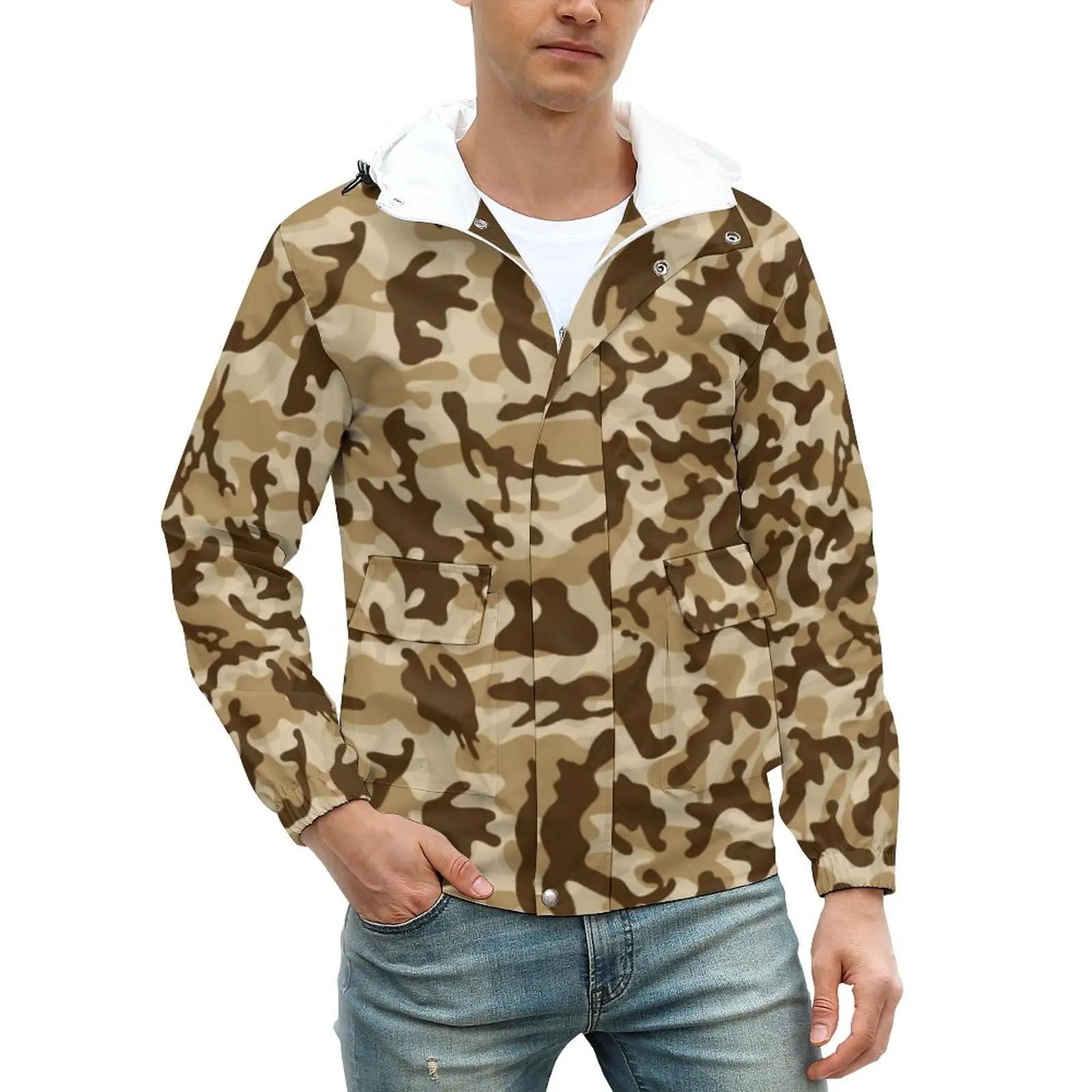 

Модные повседневные куртки в стиле пустыни, камуфляжная ветровка на молнии с принтом, Дизайнерские Пальто, осенняя уличная мода, свободная куртка