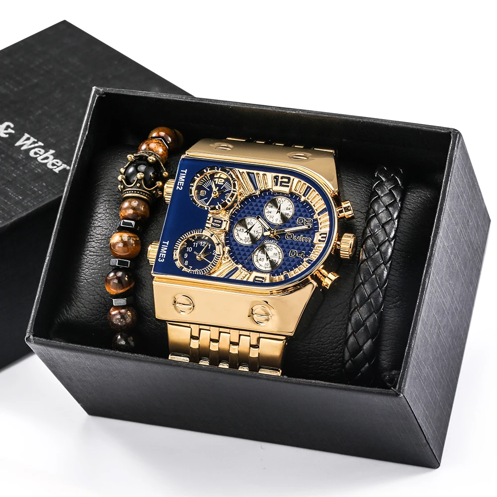 

Blue Dial Fashion Men Calendar Watch Set Vintage Bracelet Stainless Steel Strap Luxury Quartz Watches Best Gift for Boyfriend
