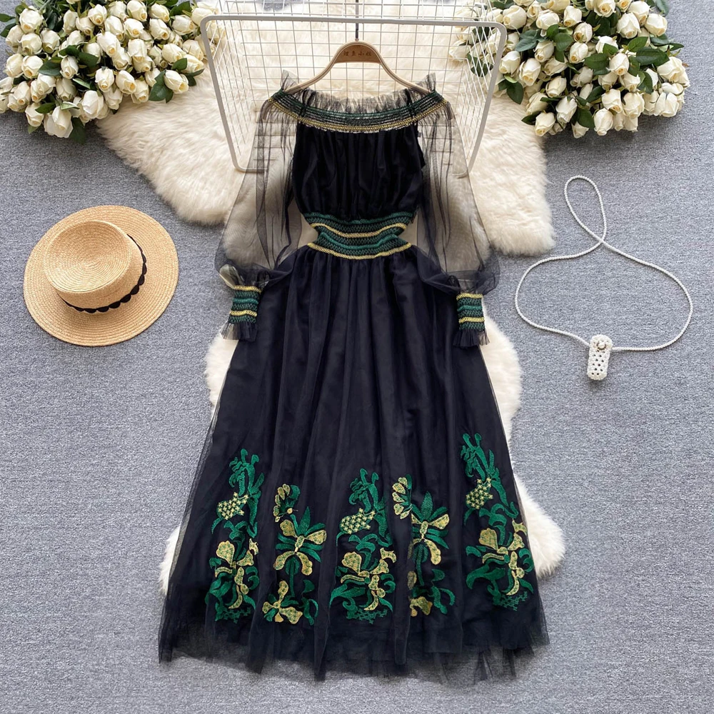 

Fashion Heavy Industry Embroidery Dress Mesh Patchwork Slash Neck Retro Midi Swing Party Dress Casual Elastic Waist Robe SR707
