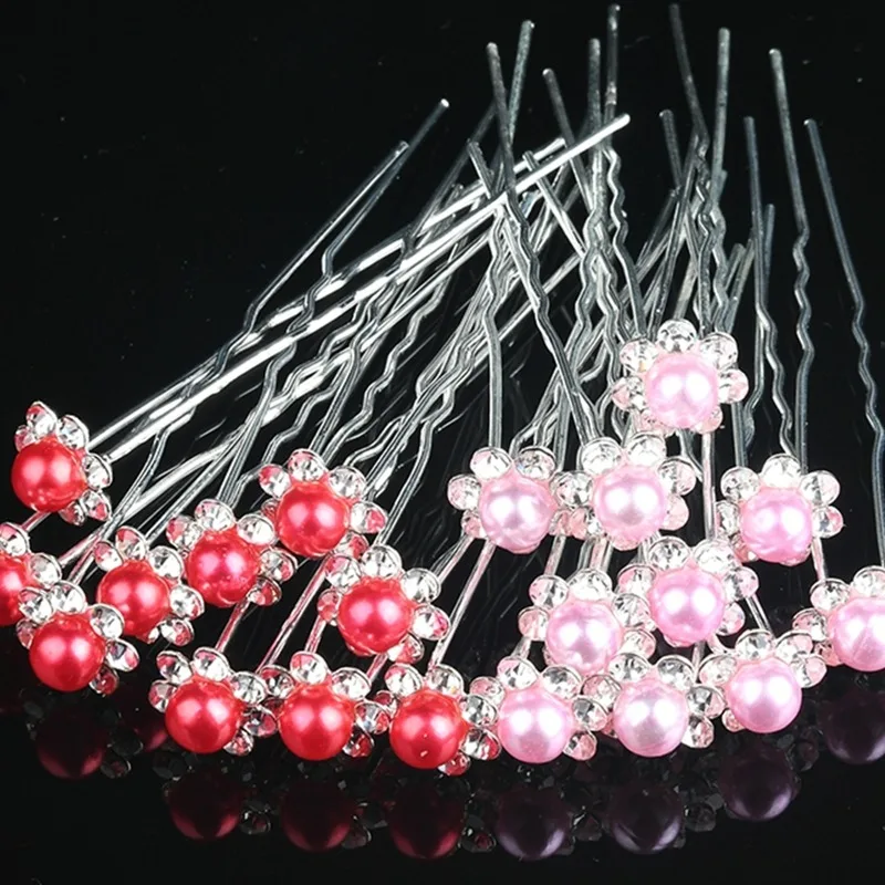 

10pcs Flowers U-shaped Hairpins Wedding Bridal Hair Clip Women Pink Hairstyle Design Tool Crystal Pearl Tiara Hair Accessories