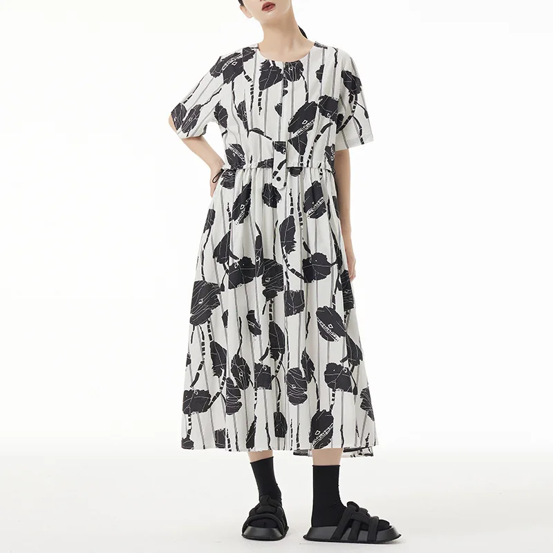 

Japan Streetwear Drawstring Waist Short Sleeve O-neck Print Dress Women Summer Thin Chic Loose Casual A-line Midi Dresses 90896