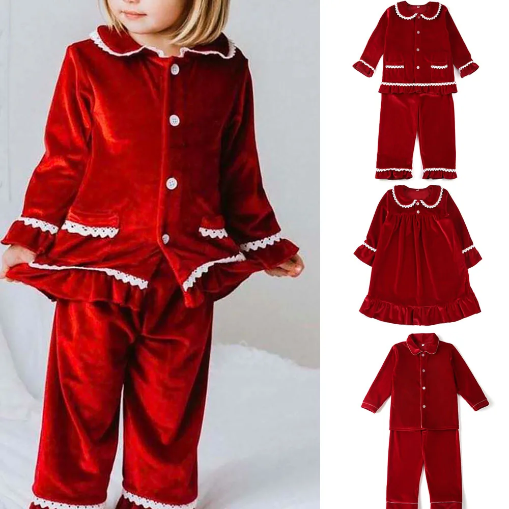 

Детская зимняя бархатная красная пижама с кружевом под заказ детские пижамы для мальчиков и девочек