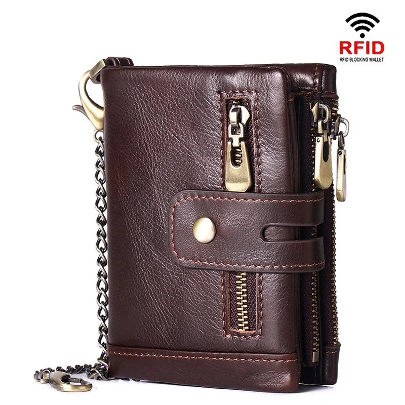 Men Wallets Fashion Short Design Zipper Card Holder Leather Purse Solid Coin Pockets High Quality Male Luxury Brand Chain Pocket