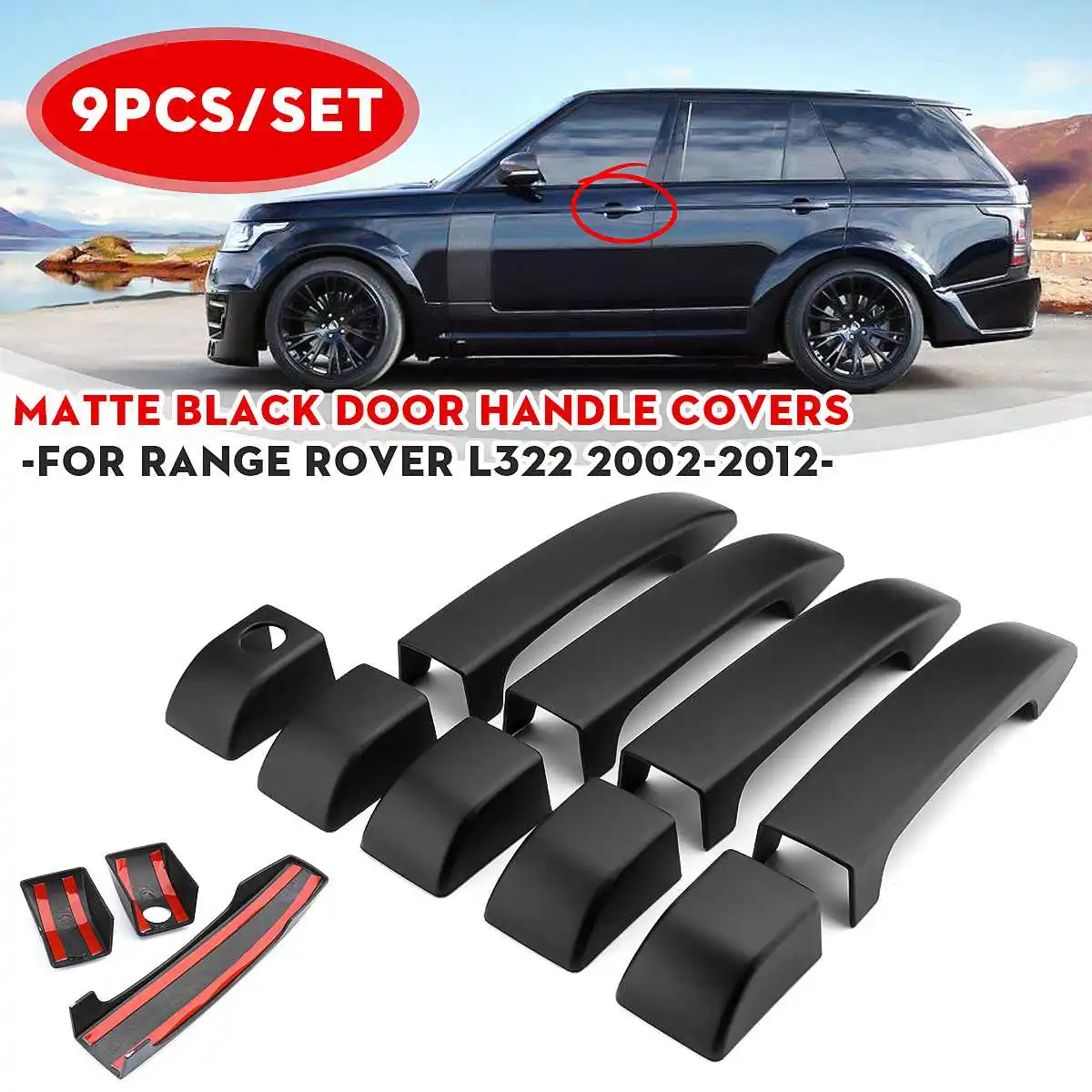 

9Pcs Car Matte Black Door Handle Covers Trim For Land Rover Range Vogue L322 2002-2012 Car Accessories
