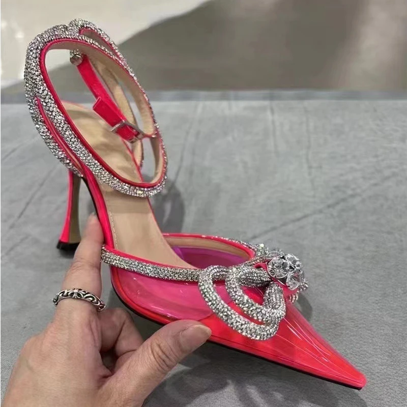 

Fashion Style European and American Style 2022 New Bow Rhinestone Pointed Toe Sequin Sandals Women's Strappy Stiletto High Heels