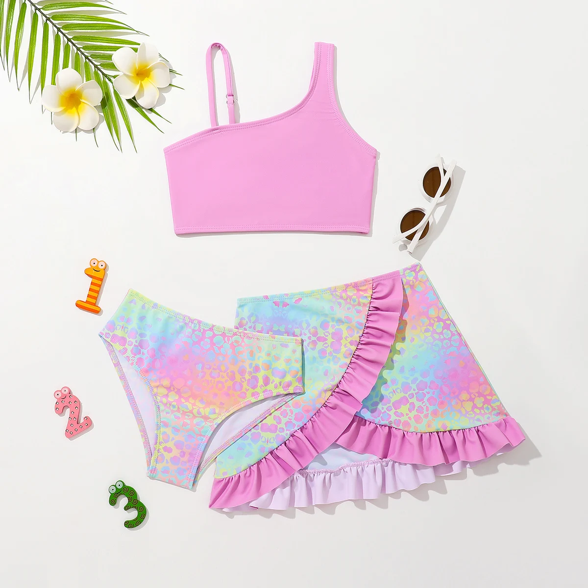 

2023New Hotsale Pink Leopard Print Girls Kids Swimsuit Bikinis 3 Pieces Set Beach Sunscreen Kids Bathing Suit