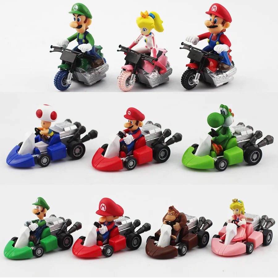 

10pcs/set Super Mario Bros Kart Pull Back Car Mario Luigi Yoshi Toad Mushroom Princess Peach Donkey Kong Figure Toy