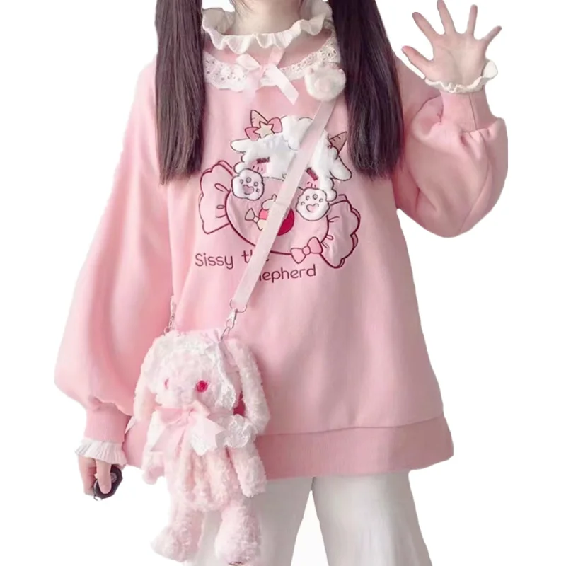 

2023 Autumn Women Lace Neck Cute Hoodies Harajuku Kawaii Sweatshirt Lolita Girl Pink Pullover Lamb And Candy Embroidery Sudadera