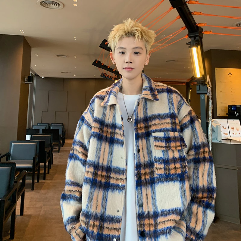 Graceful Wool coat Men's Autumn and Winter Korean Fashion Plaid Outerwear Japan fashion Retro Lapel Woolen Jacket