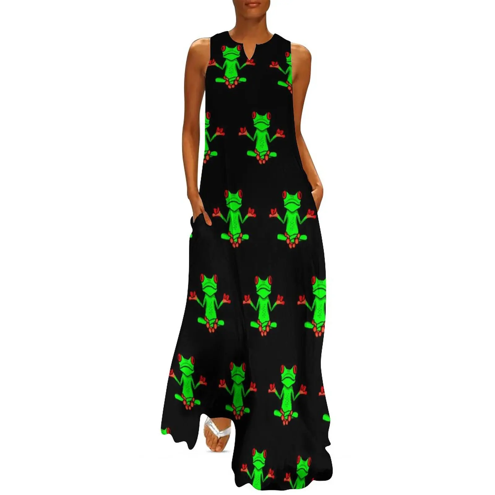 

Zen Tree Frog Dress Summer Funny Animal Print Street Style Boho Beach Long Dresses Ladies Print Modern Maxi Dress Big Size 5XL